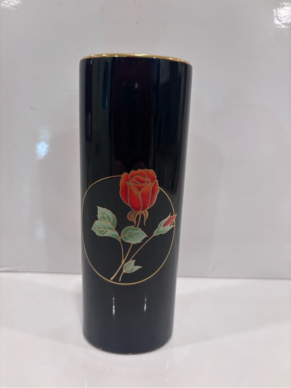 Vintage Otagiri Japan Crimson Rose Black Ceramic Bud Vase Gold Trim 6.25”